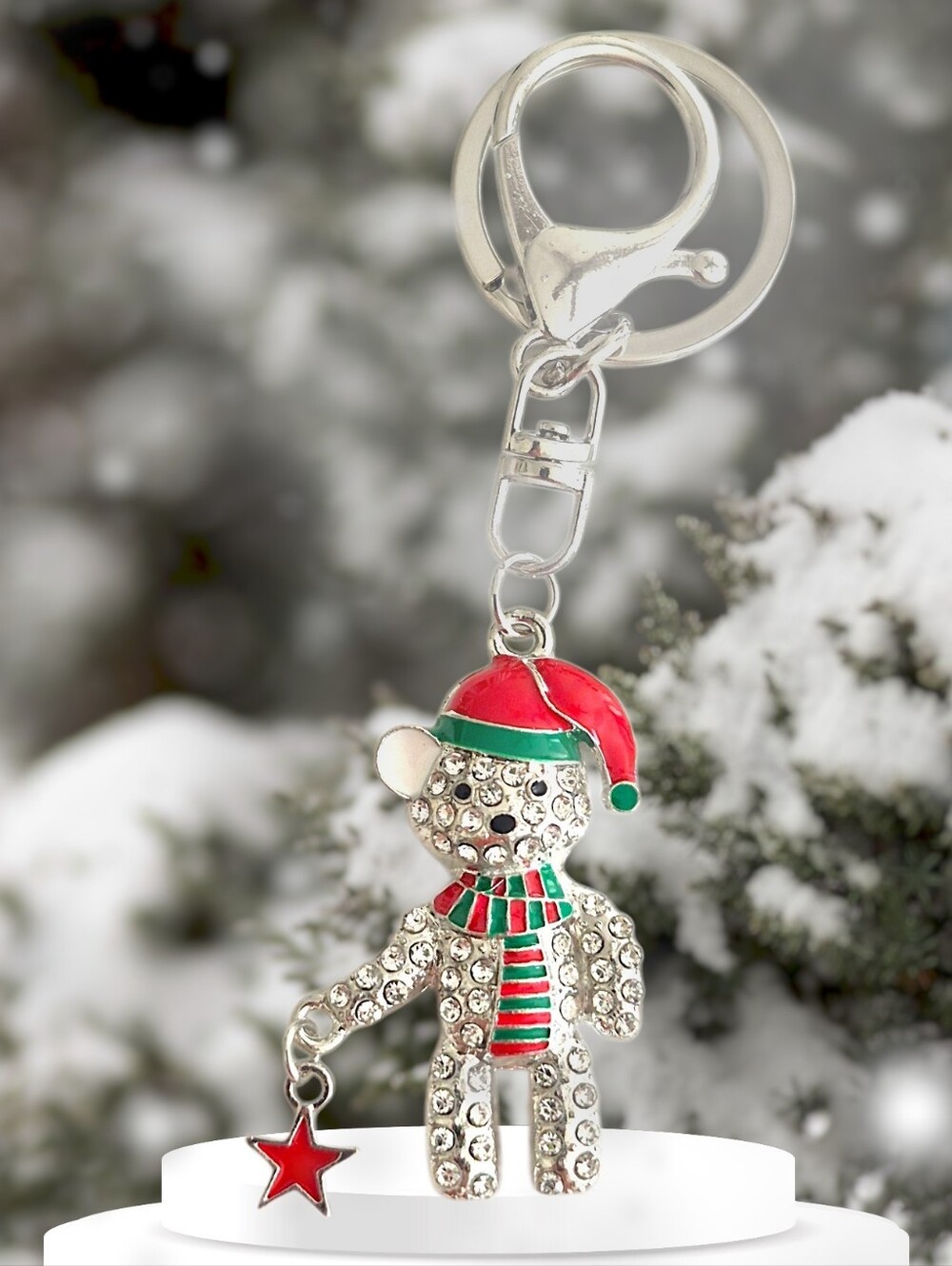 Holiday Crystal Teddy Bear Bag Charm /Keychain - Silver & Red Star